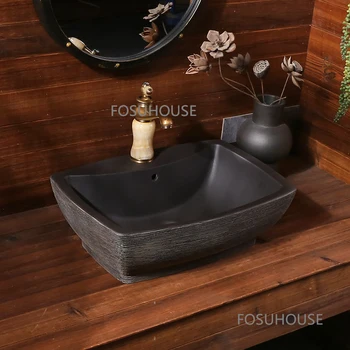 Утолщенный антикварный керамический таз для домашней мебели для ванной комнаты, черный умывальник, Прямоугольная раковина для ванной комнаты в отеле, Таз для раковины