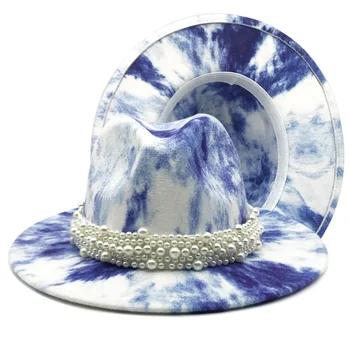 Фетровая шляпа с жемчужной цепочкой, Окрашенные галстуком джазовые шляпы Для Женщин И Мужчин, шляпа художника в британском стиле унисекс, женская Модная Шерстяная Шляпа-Котелок Оптом 2020