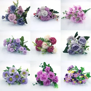 Фиолетовая осенняя чайная роза, пион, шелковый цветок, осенняя гербера, маргаритка, искусственный пластиковый цветок, свадебные аксессуары для дома, украшения