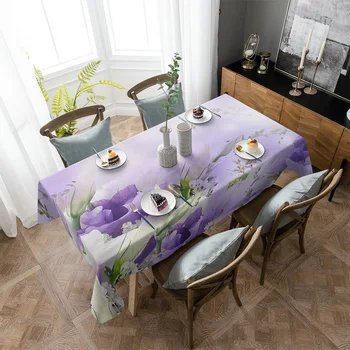 Фиолетовая Прямоугольная скатерть в виде цветка растения, Пылезащитная ткань для пикника, Украшение дома, Кухня, Водонепроницаемое покрытие стола