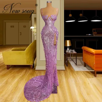 Фиолетовые вечерние платья от кутюр Vestidos Вечерние платья с разрезом сбоку, украшенные бисером и кисточками, Длинные женские платья для свадебной вечеринки в Дубае 2022