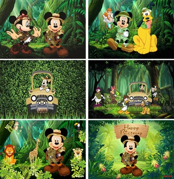 Фоновый рисунок для вечеринки в честь Дня рождения мальчиков в джунглях с Микки и Минни, фон для фотосъемки с Микки и Минни, баннер
