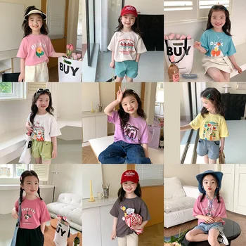 Футболка с короткими рукавами из мультфильма для мальчиков и девочек, детская корейская версия, тонкая летняя одежда для маленьких девочек