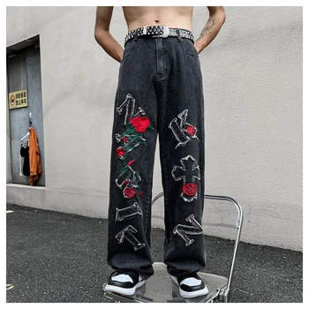 Хип хоп Американские винтажные джинсовые брюки Мужские Женские Свободные Мужские джинсы с вышивкой розами Модные Y2K Готические брюки Одежда Унисекс