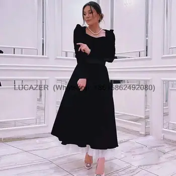 Черные изящные вечерние платья из велюра с длинными рукавами трапециевидной формы и квадратным воротником, вечернее платье для выпускного вечера 2023 года, большие размеры