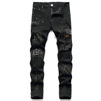 черный дизайн, мужские джинсы-стрейч с заклепками и кристаллами, уличная одежда, панк-дырки, рваные джинсовые брюки в стиле пэчворк, Узкие прямые брюки, джинсы