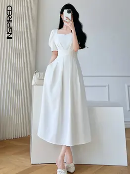 Элегантное белое платье, женская мода 2023, Летние французские простые платья с квадратным вырезом и коротким рукавом, женское платье для клубной вечеринки с тонкой талией