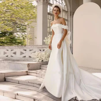 Элегантное Свадебное платье Русалки 2023 С Открытыми Плечами, 3D Цветы, Большой Бант, Атласные Свадебные платья Mariage Vestidos De Novia