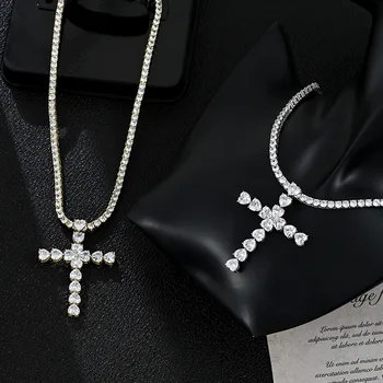 Ювелирное ожерелье с подвеской в виде креста в форме сердца, инкрустированное медью и цирконием, индивидуальное трендовое мужское ожерелье в стиле хип-хоп.