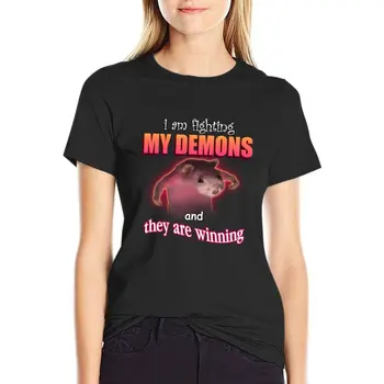 Я борюсь со своими демонами, и они побеждают, футболка с крысиным арт-мемом, рубашка с животным принтом для девочек, женские футболки с графическим рисунком