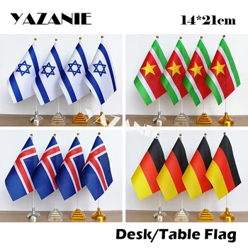 ЯЗАНИ 14*21 см 4ШТ Израиль Исландия Германия Суринам Настольный Флаг Полиэфирный Настольный Флаг с Пластиковым Основанием и Шестом Пользовательские Ручные Флаги