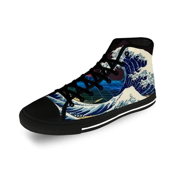 Японская Vaporwave Great Wave Off Повседневная ткань с модным 3D принтом, парусиновая обувь с высоким берцем, мужские и женские легкие дышащие кроссовки