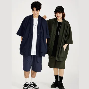 Японские мужчины Уличная одежда в стиле Харадзюку, Хип-Хоп, Свободная Повседневная Рубашка-кимоно Оверсайз с коротким рукавом, Мужской Уличный Кардиган