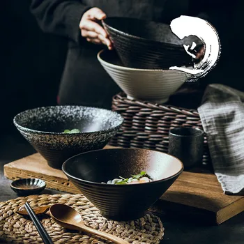 Японский креативный набор посуды, коммерческая бамбуковая шляпа, керамическая миска, большой рамен для дома, рис, лапша, миска для супа